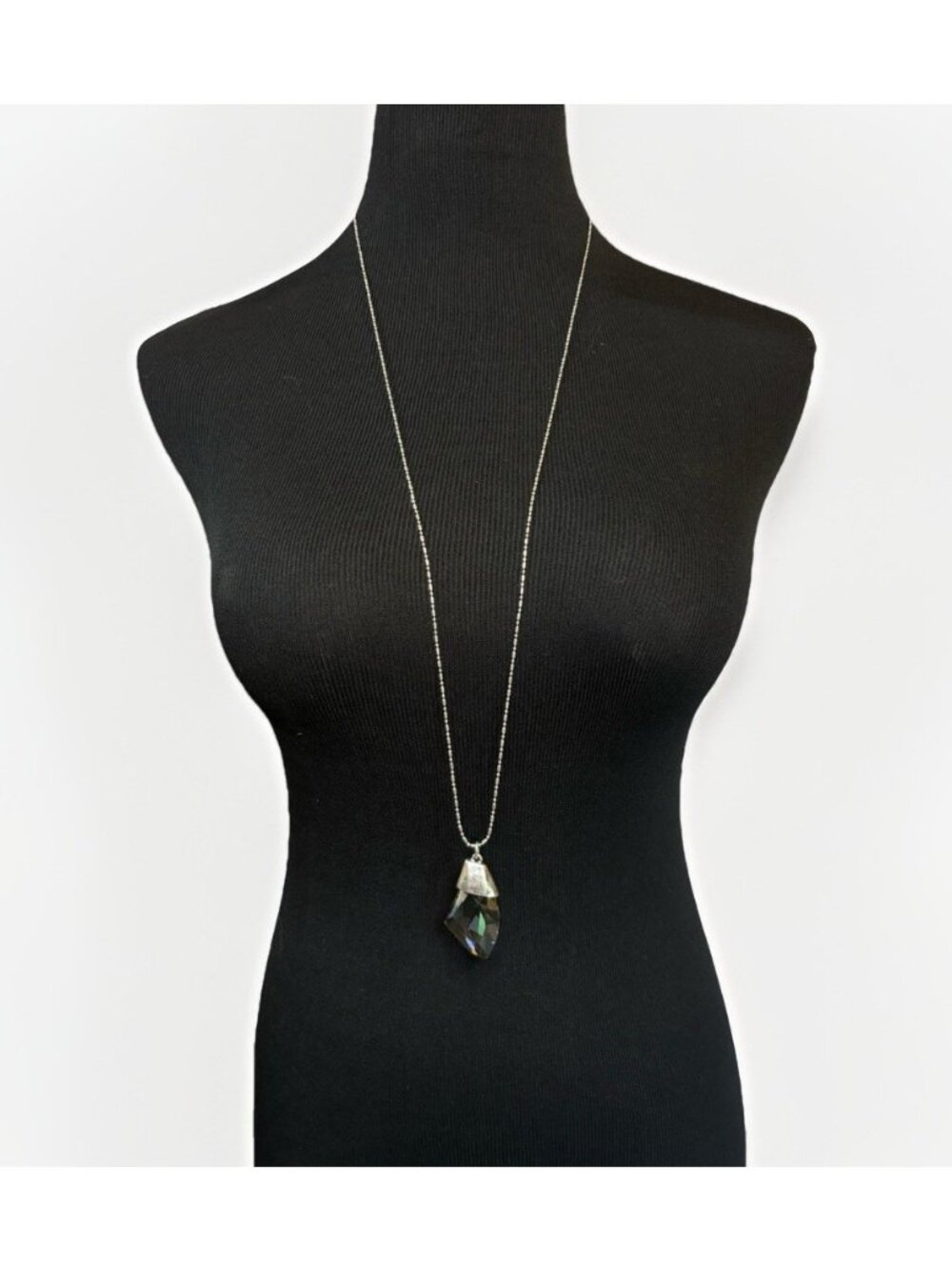 Chicos Long Silver Tone Faceted Smoky Glass Pendant Necklace